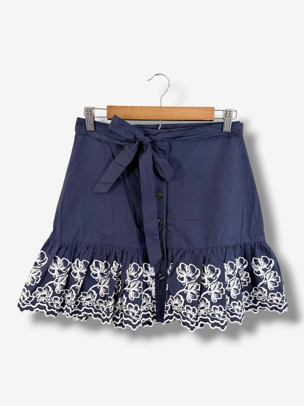 Draper James Eyelet Tier Skirt Size 0 Navy White Button Front Tie Waist Preppy